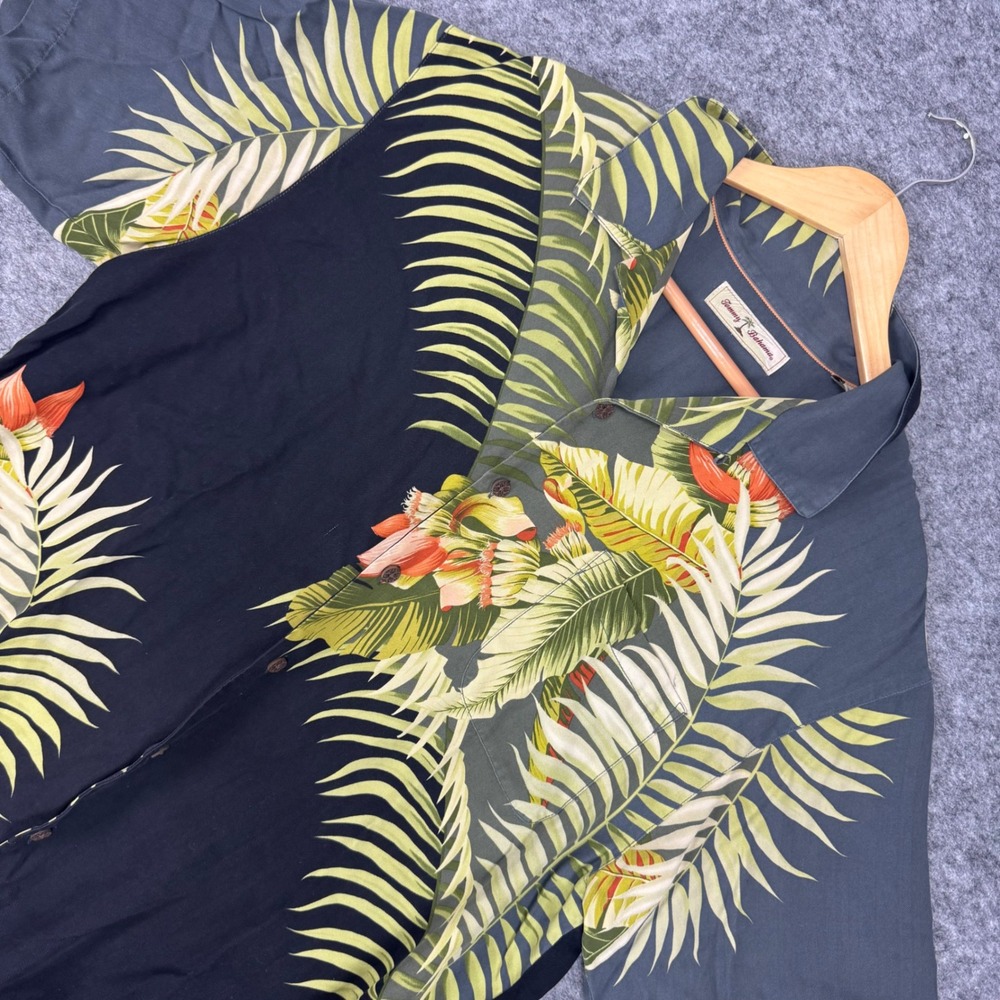 Tommy Bahama Silk Tropical Floral Button‎ Up Shirt Mens Large Black Green Orange